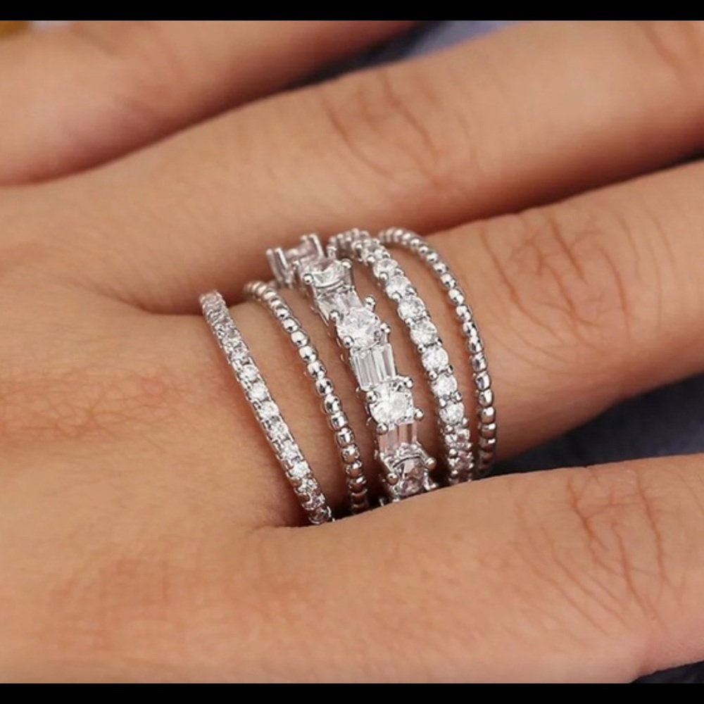 925 Sterling Silver Wide Band Pave and Baguette White Sapphire Ring